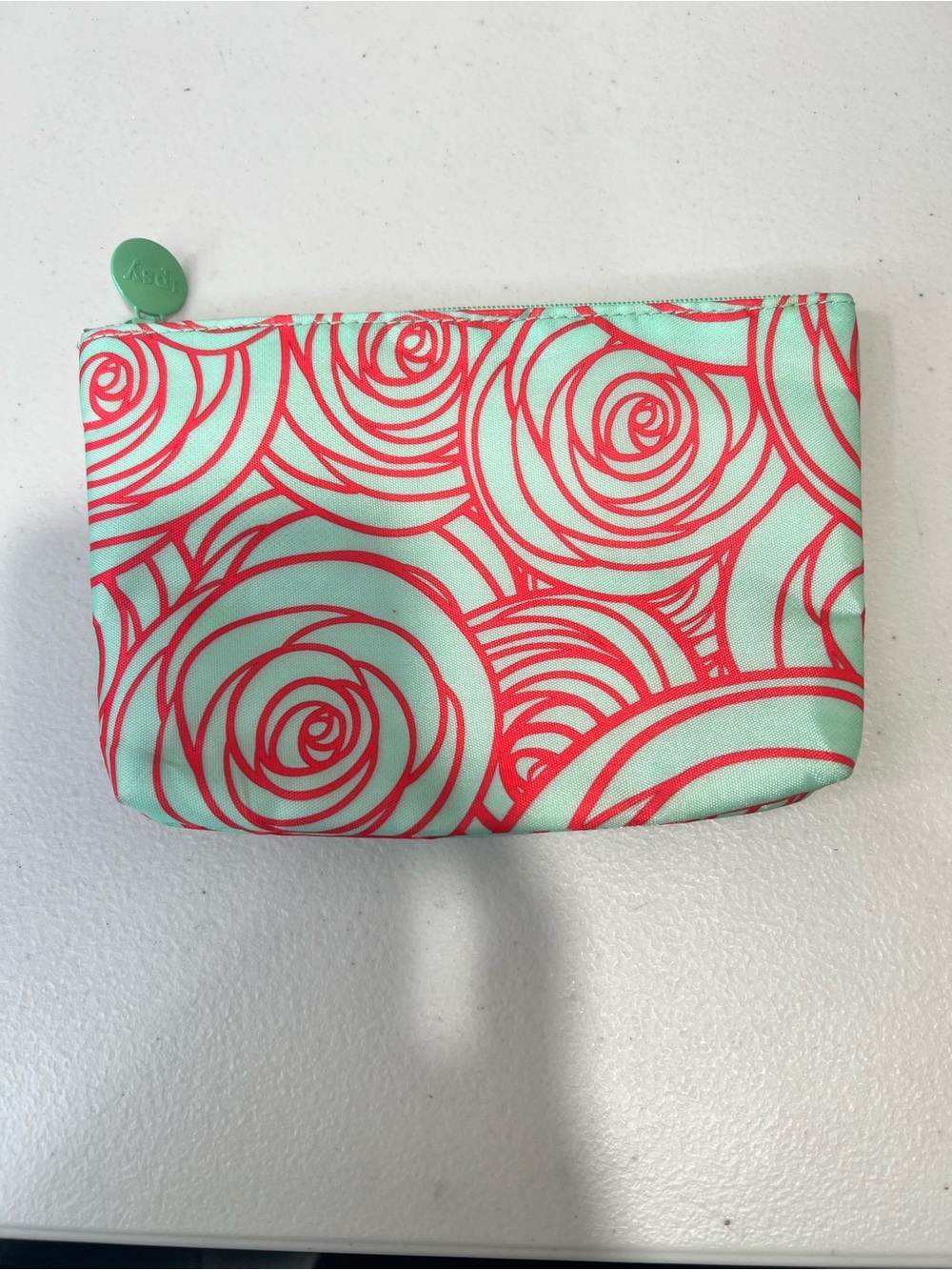 Mint and Coral Rose Print Zip Pouch